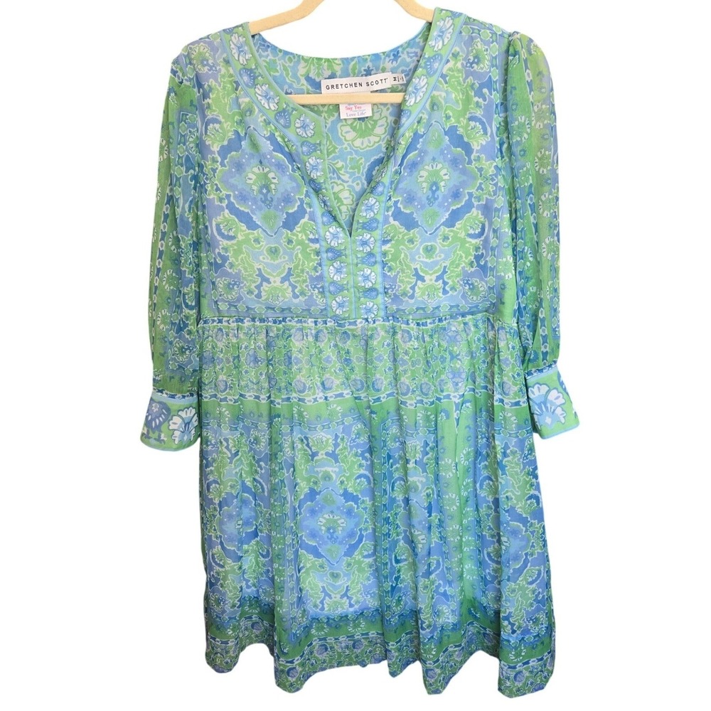 Gretchen Scott Borderline Watteau Dress Green Blue 3/4 Sleeve Preppy Airy Medium